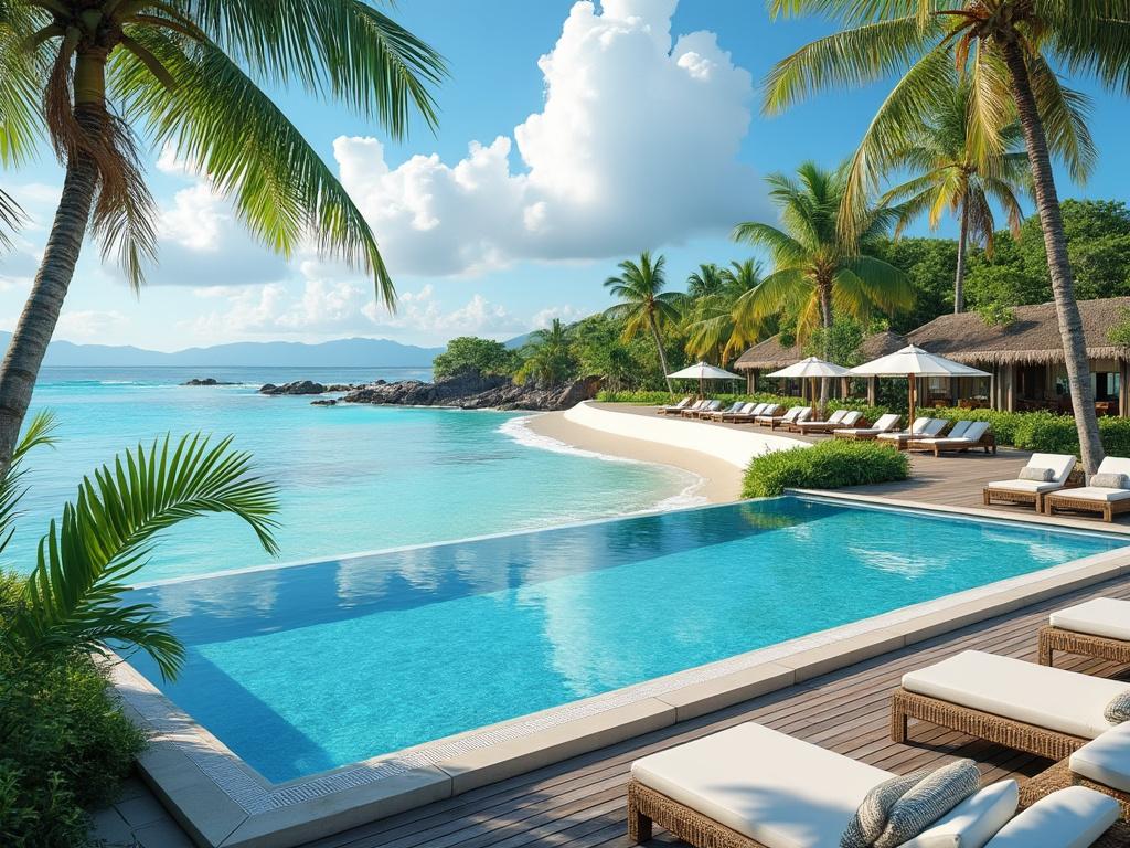 Piscina infinita frente al mar con palmeras, playa de arena blanca y tumbonas en un resort tropical soleado.