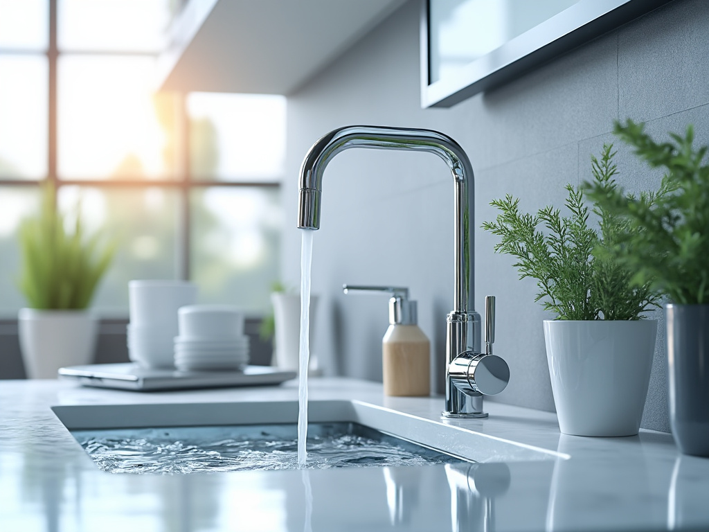 Grifo de cocina moderno vertiendo agua en fregadero, rodeado de plantas en macetas blancas y utensilios de cocina con luz natural.