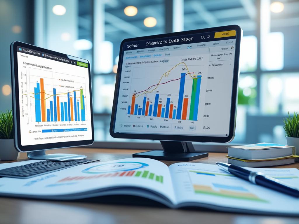 Modern office setup with two computer screens displaying colorful financial graphs and charts, a keyboard, a report with charts, and a pen on a wooden desk.