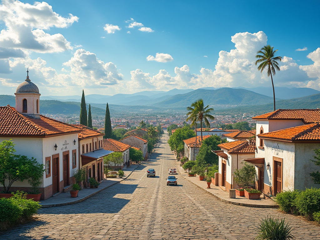 Calle empedrada con casas de tejas y palmeras, vista panorámica de montañas y cielo azul, pueblo pintoresco.