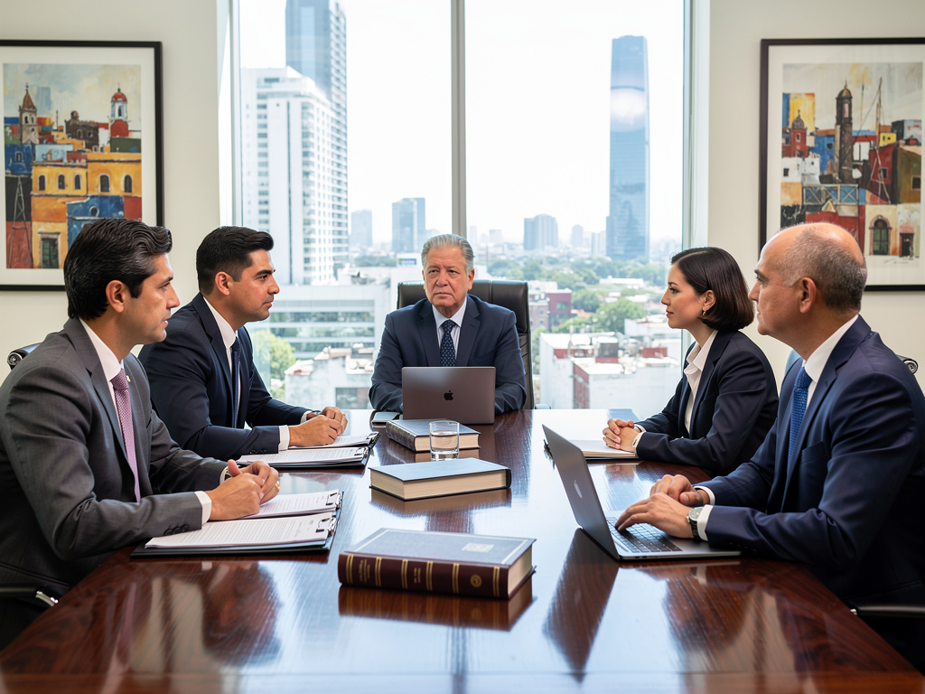 Reunión de negocios en sala de juntas moderna con ejecutivos, laptops y vista urbana