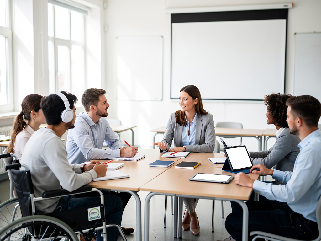 Equipo diverso en reunión de negocios inclusiva con persona en silla de ruedas, tabletas y pantalla de presentación