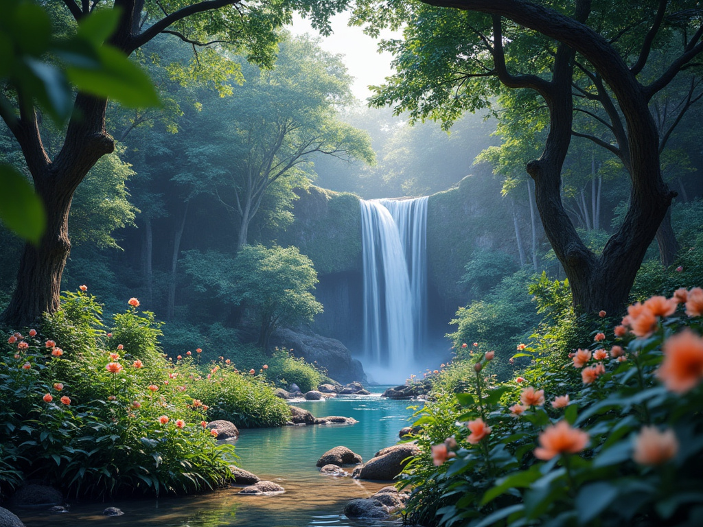 Cascada en bosque frondoso con río cristalino, árboles altos y flores naranjas en un paisaje natural tranquilo Cascada en bosque frondoso con río cristalino, árboles altos y flores naranjas en un paisaje natural tranquilo