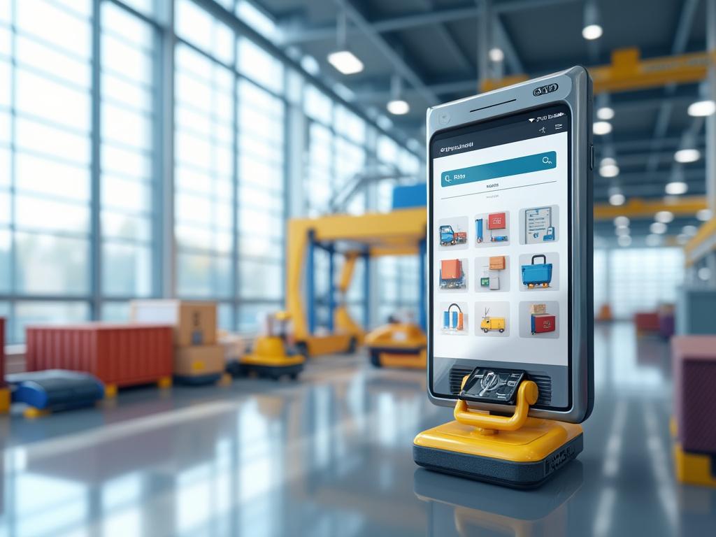 Dispositivo móvil con interfaz de aplicación de logística en un almacén moderno con vehículos y contenedores.