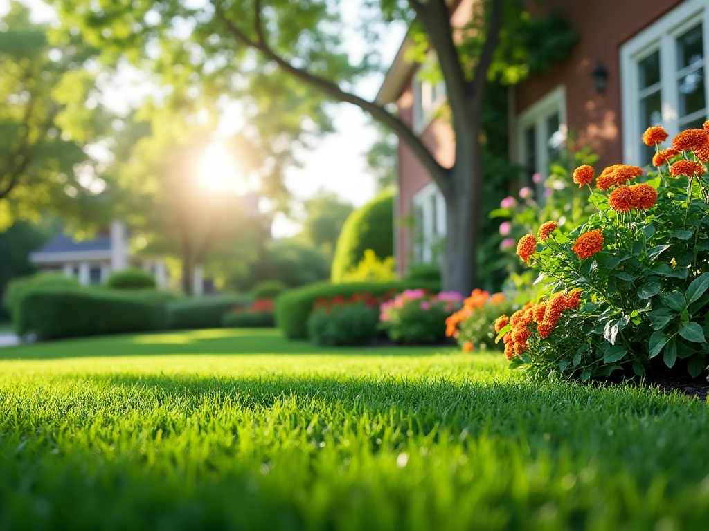 Beautiful backyard garden with vibrant orange flowers, lush green lawn, and sunlight filtering through trees beside a red brick house.