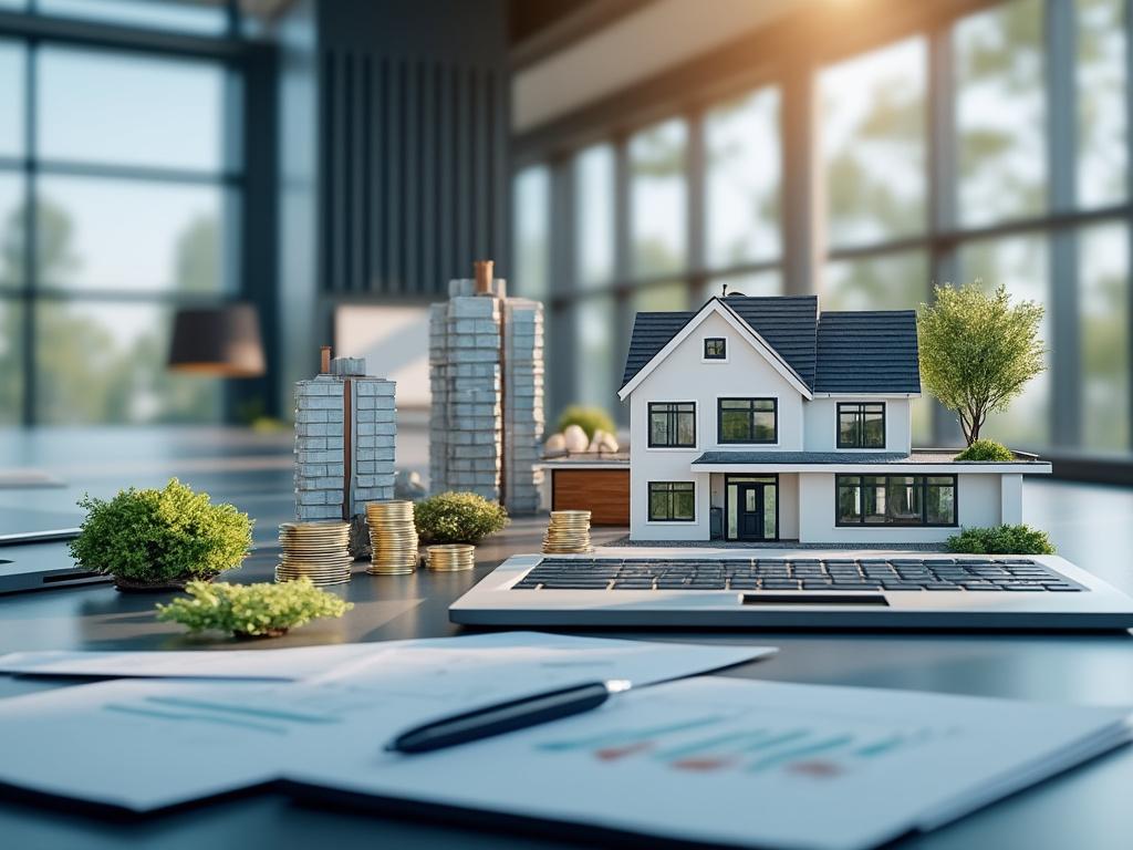 Maqueta de casa con monedas y gráficos en una oficina moderna iluminada por el sol.