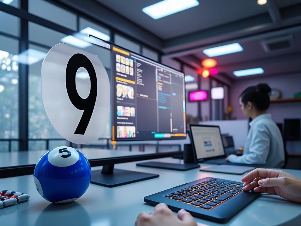 Modern office with a person typing on a keyboard, dual monitors displaying digital content, and a decorative number 9 sign with a pool ball.