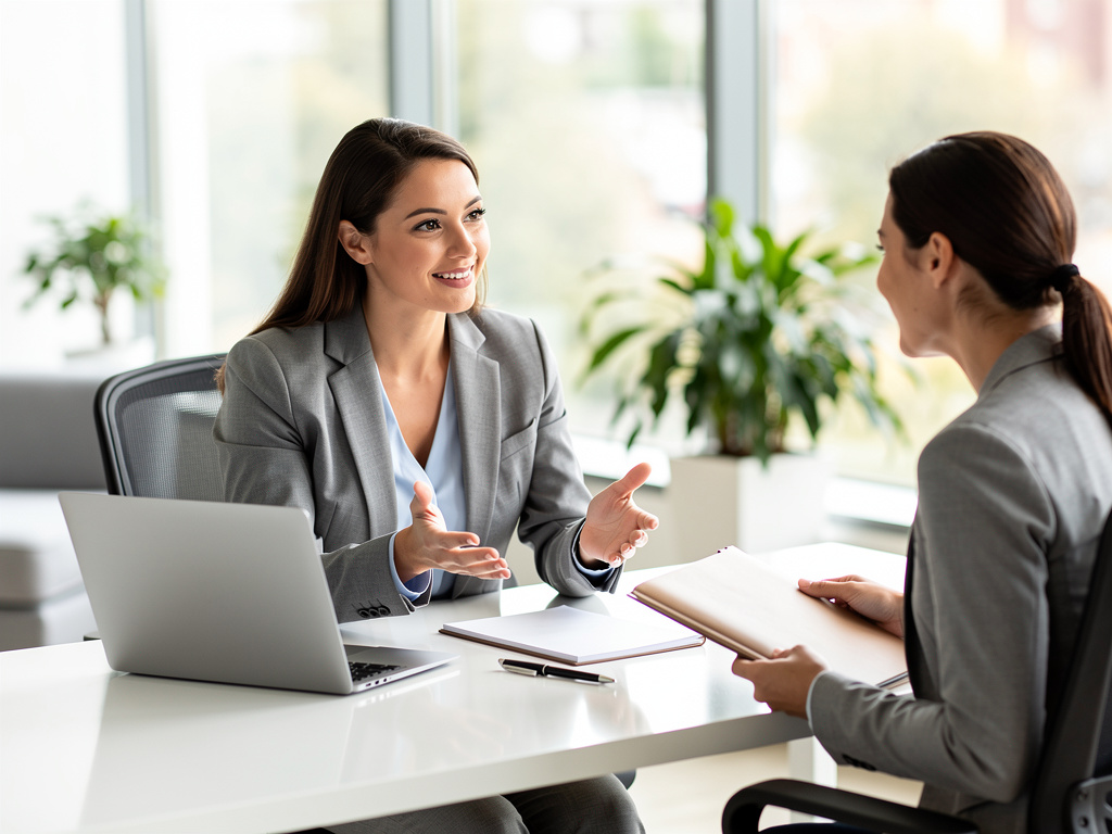 Businesswomen in professional meeting discussing documents with laptop in modern office
