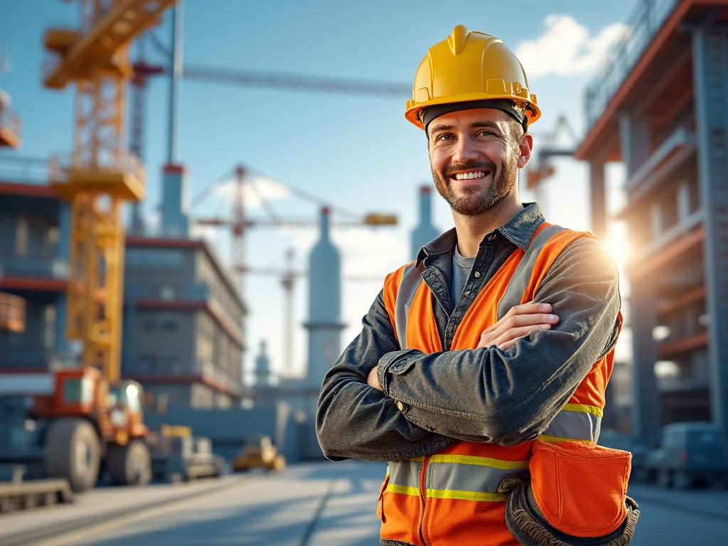 Ingeniero sonriente con chaleco de seguridad y casco amarillo en un sitio de construcción con grúas.