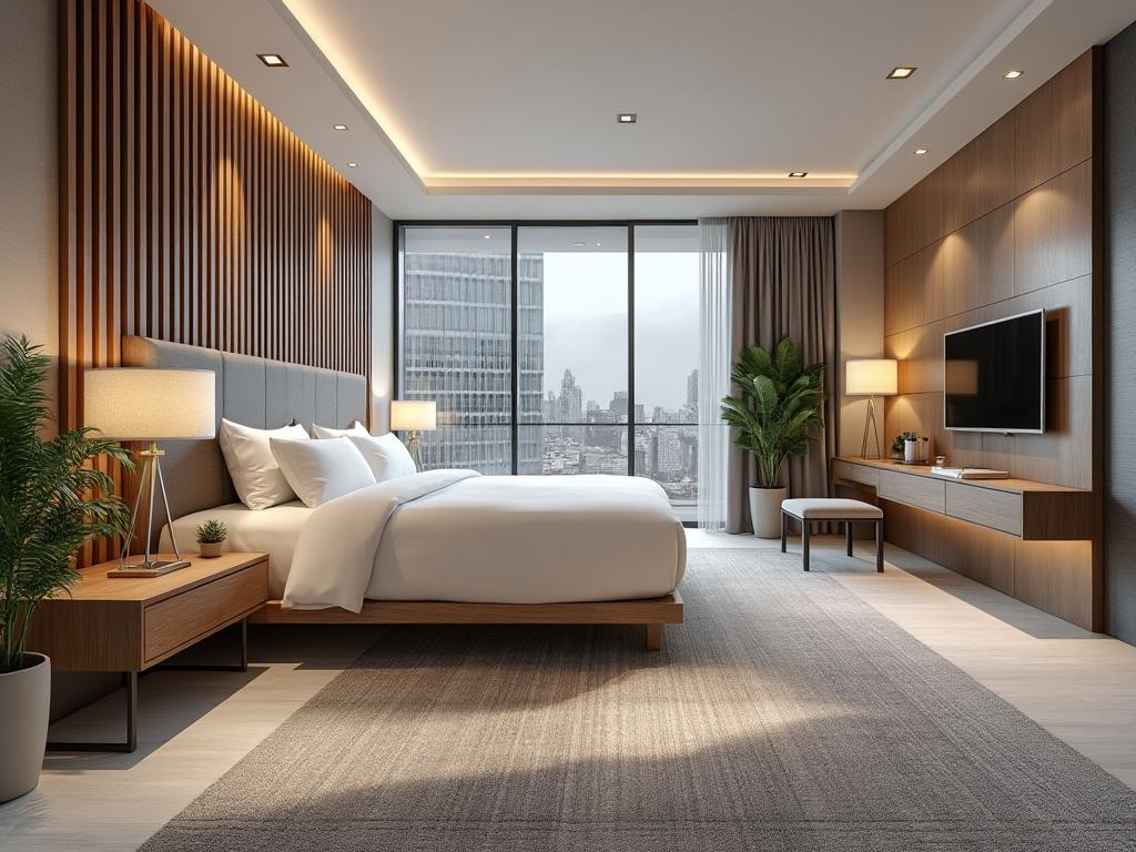 Habitación moderna y elegante con cama doble, iluminación suave, paredes de madera, plantas decorativas y gran ventanal con vista a la ciudad.