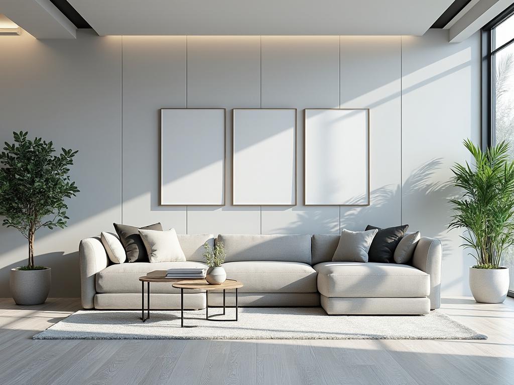 Sala moderna con sofá beige, alfombra clara, plantas en macetas y tres cuadros en la pared.