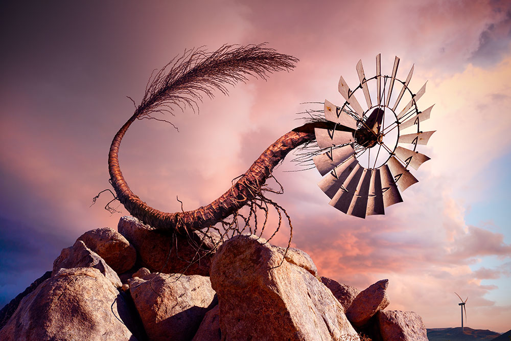 Otherworldly scene of a creature with scorpion shaped body made of plant life, and with a head of an old farming windmill. 
