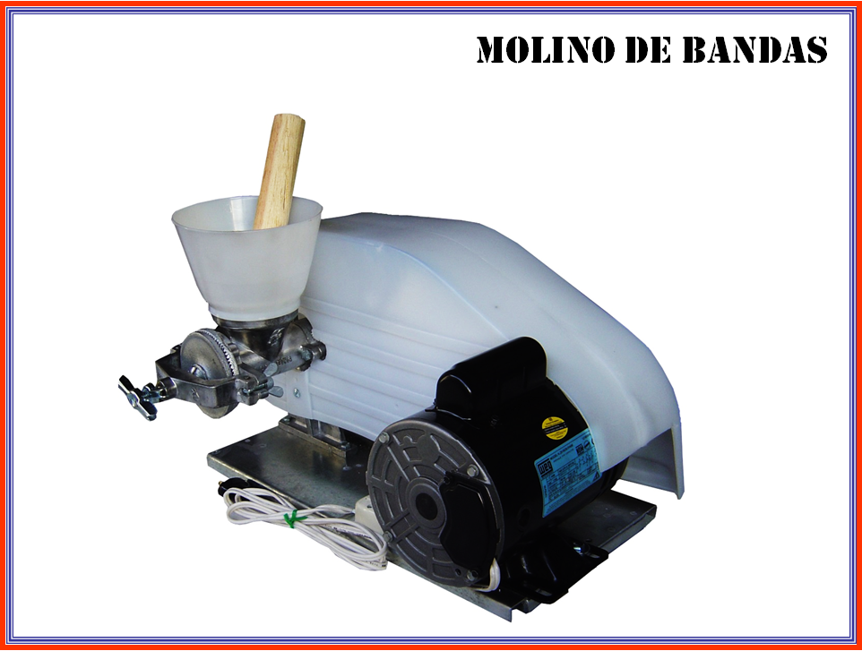 - Motor eléctrico de 1/4 HP
-  Transmisión por bandas y volantes, para reducir la velocidad del motor, convirtiéndolo en un molino domestico que se conecta a cualquier toma de corriente.
- Cubierta de plástico.
- 6 Meses de garantía.
