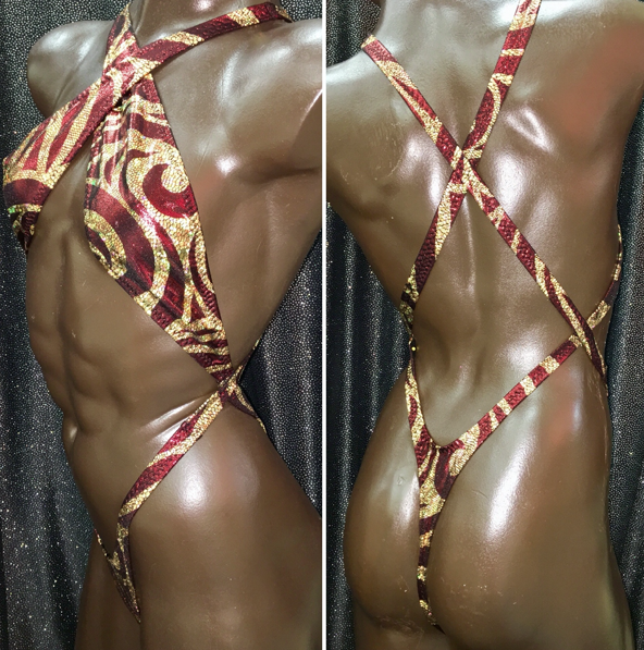 35. 
Red and gold monokini     b/c top, small body thong - red/gold hologram print
$75