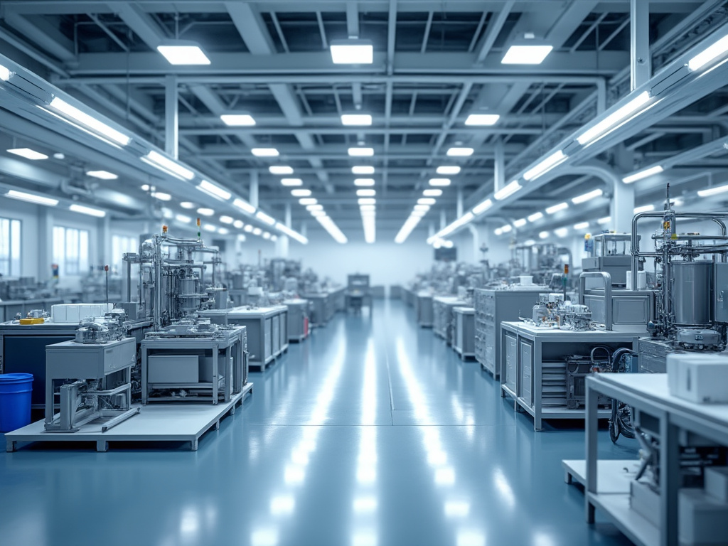 Interior de una planta de fabricación moderna con maquinaria avanzada y tuberías, iluminada por luces LED en el techo.