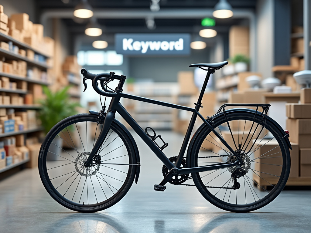 Bicicleta negra de carretera en una tienda moderna con estanterías llenas de cajas de cartón y una planta verde decorativa.