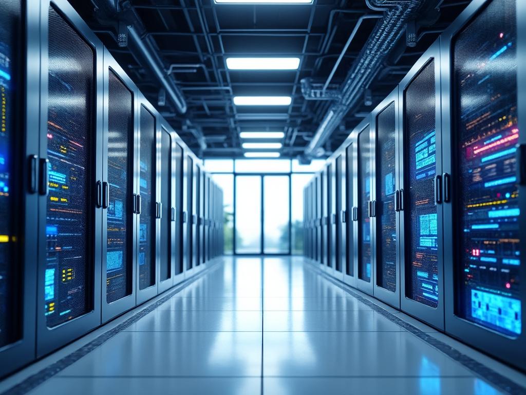 Modern data center aisle with rows of illuminated server racks and blue LED lights reflecting on the floor.