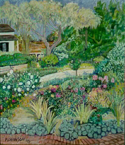 Op-047 MONTEREY GARDEN 36 in x 30 in Oil on Jute 1995 private collection
