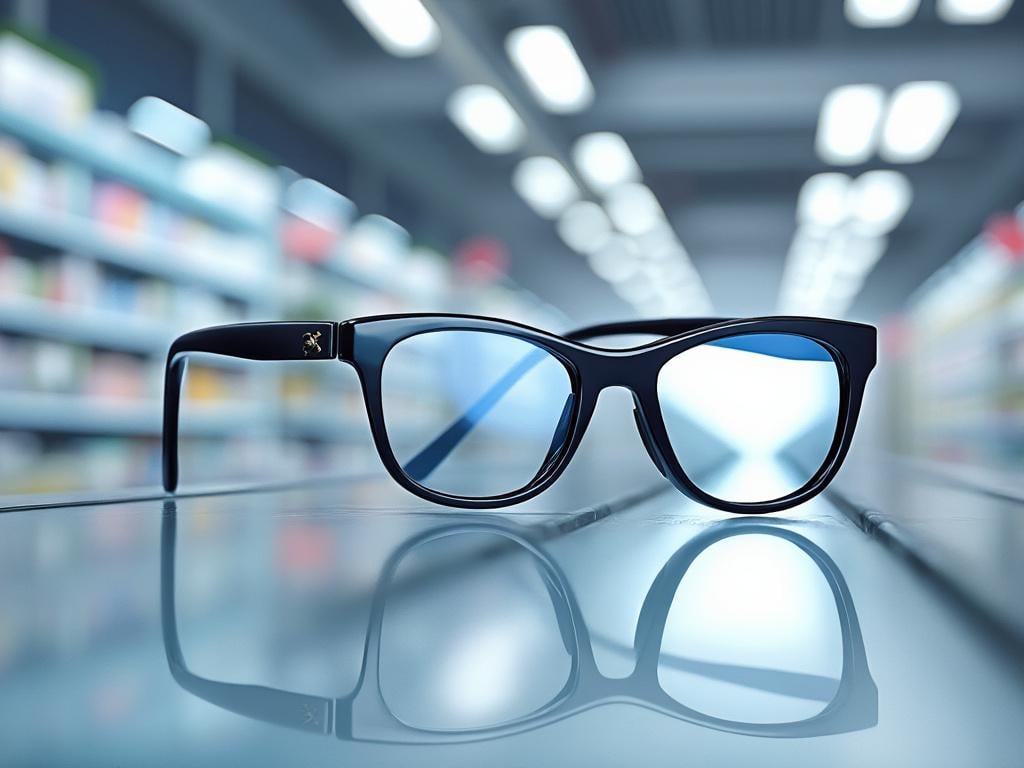 Gafas negras con reflejo sobre una superficie de vidrio en una tienda iluminada.