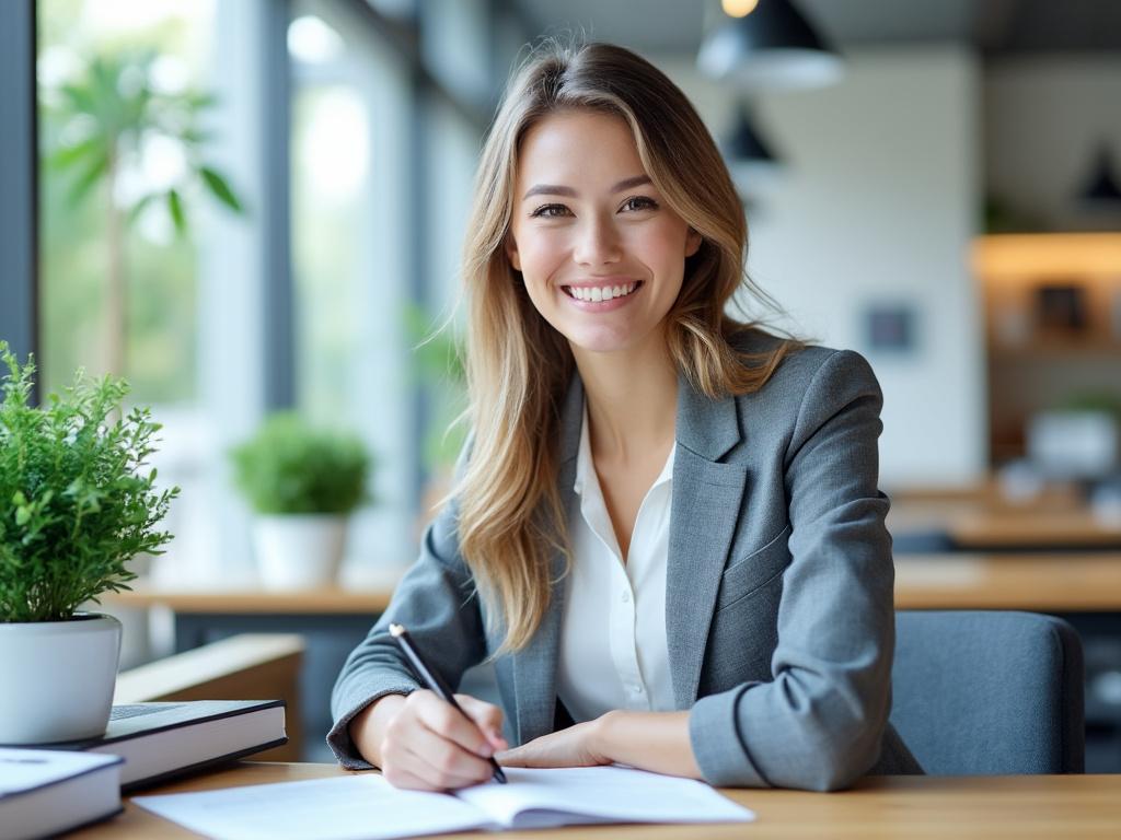 Mujer joven sonriente en un escritorio moderno con plantas y libros, vestida con traje gris.