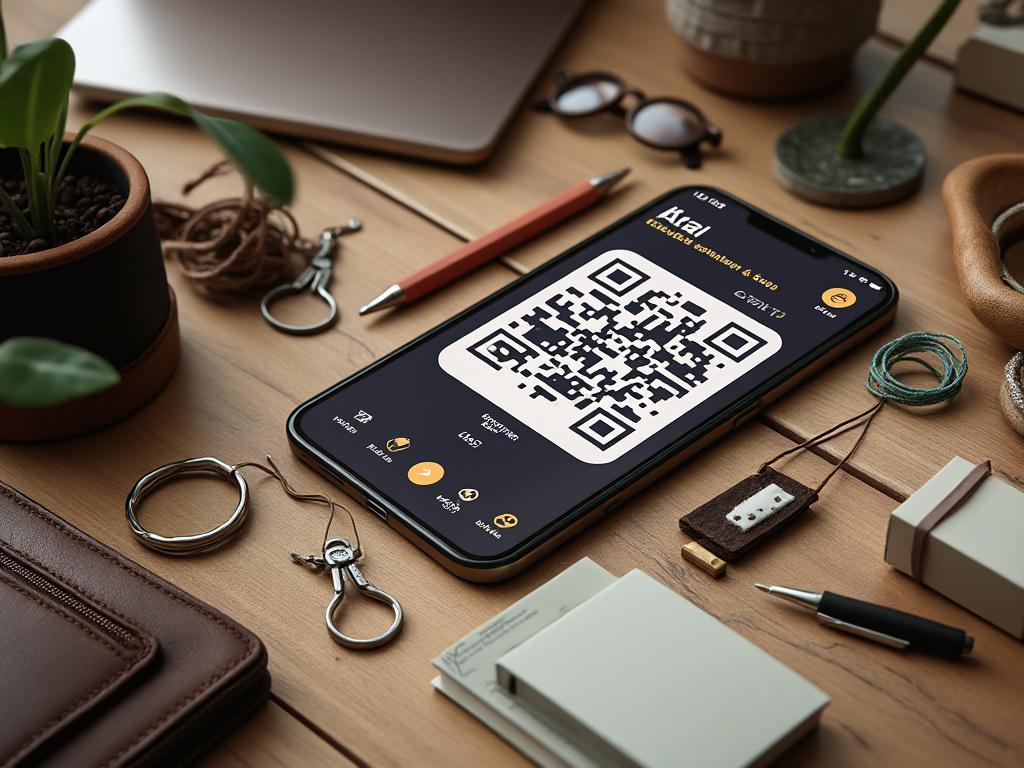 Teléfono inteligente con código QR en pantalla sobre escritorio de madera, rodeado de plantas, lápiz y accesorios.