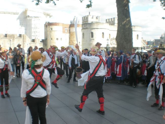 Merrydowners dancing outside the Tower of London
