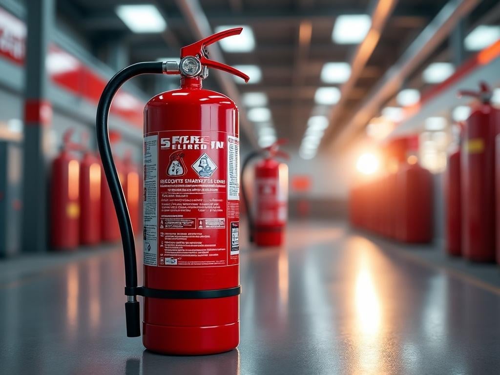 Extintor rojo en primer plano en un pasillo bien iluminado de un almacén, rodeado de otros extintores.