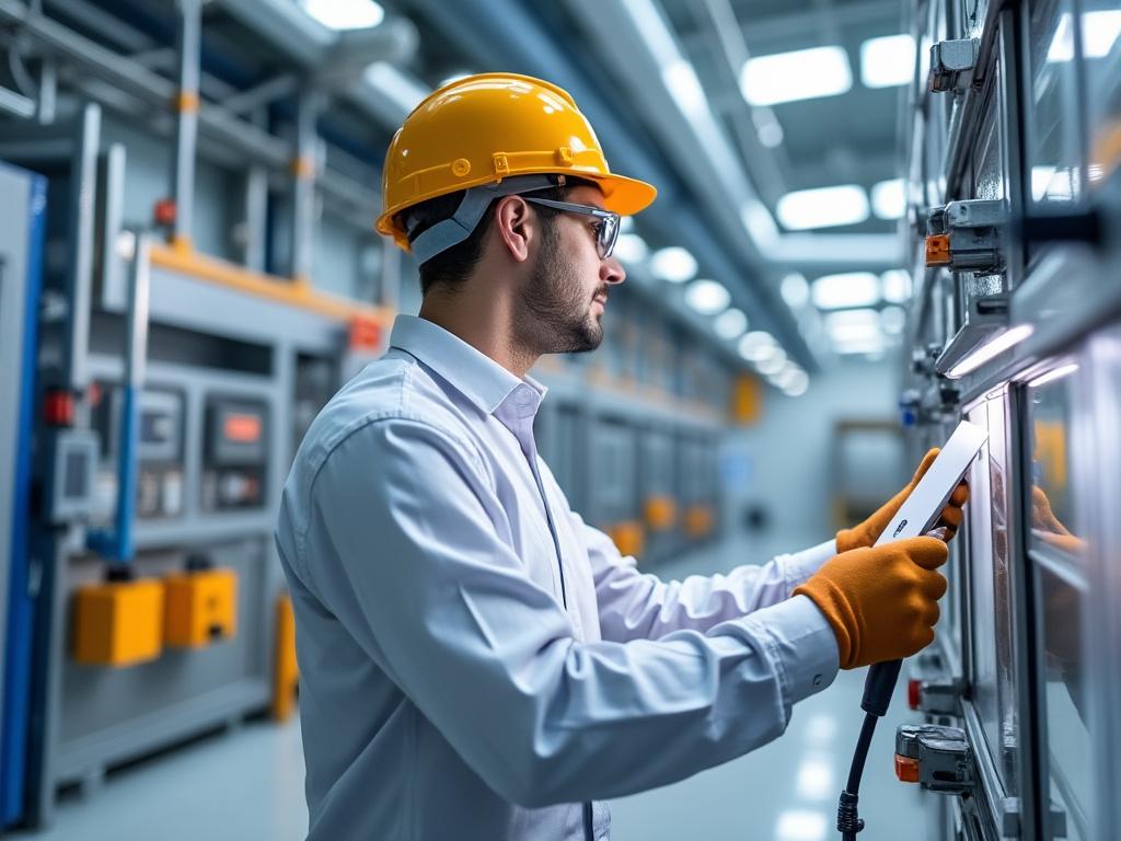 Ingeniero con casco y guantes revisando paneles en una planta industrial.