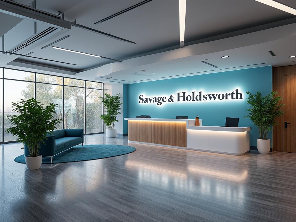 Modern office lobby with Savage & Holdsworth signage, reception desk, large windows, and indoor plants.