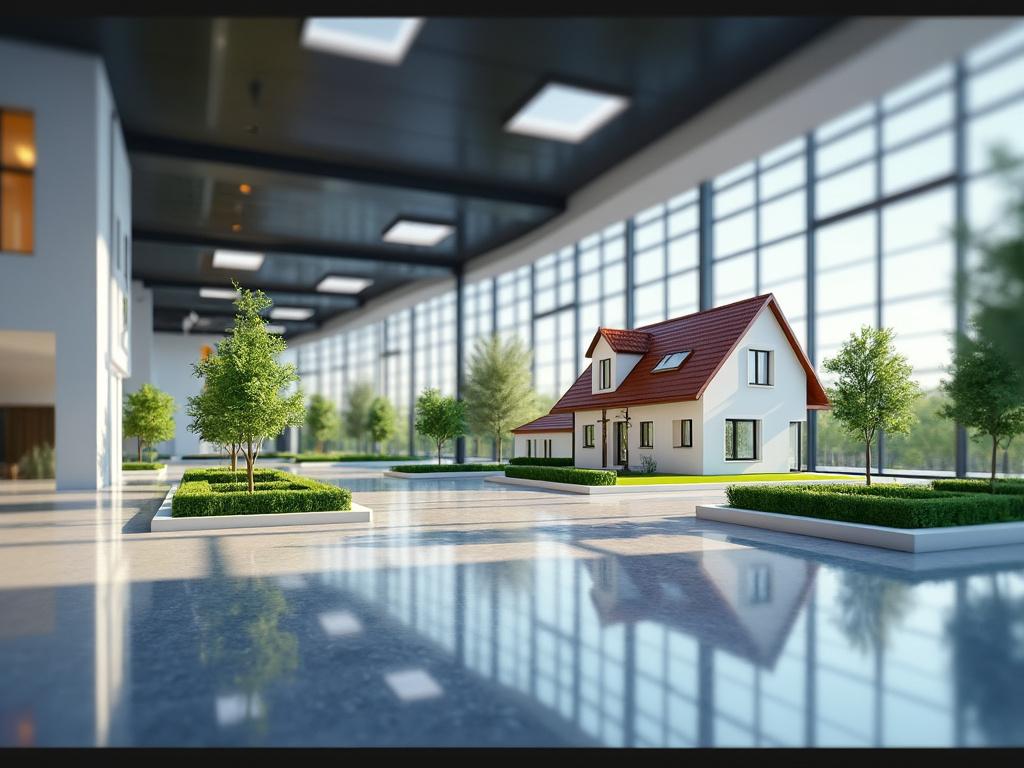 Casa pequeña con techo rojo dentro de un edificio moderno con grandes ventanas y árboles verdes.