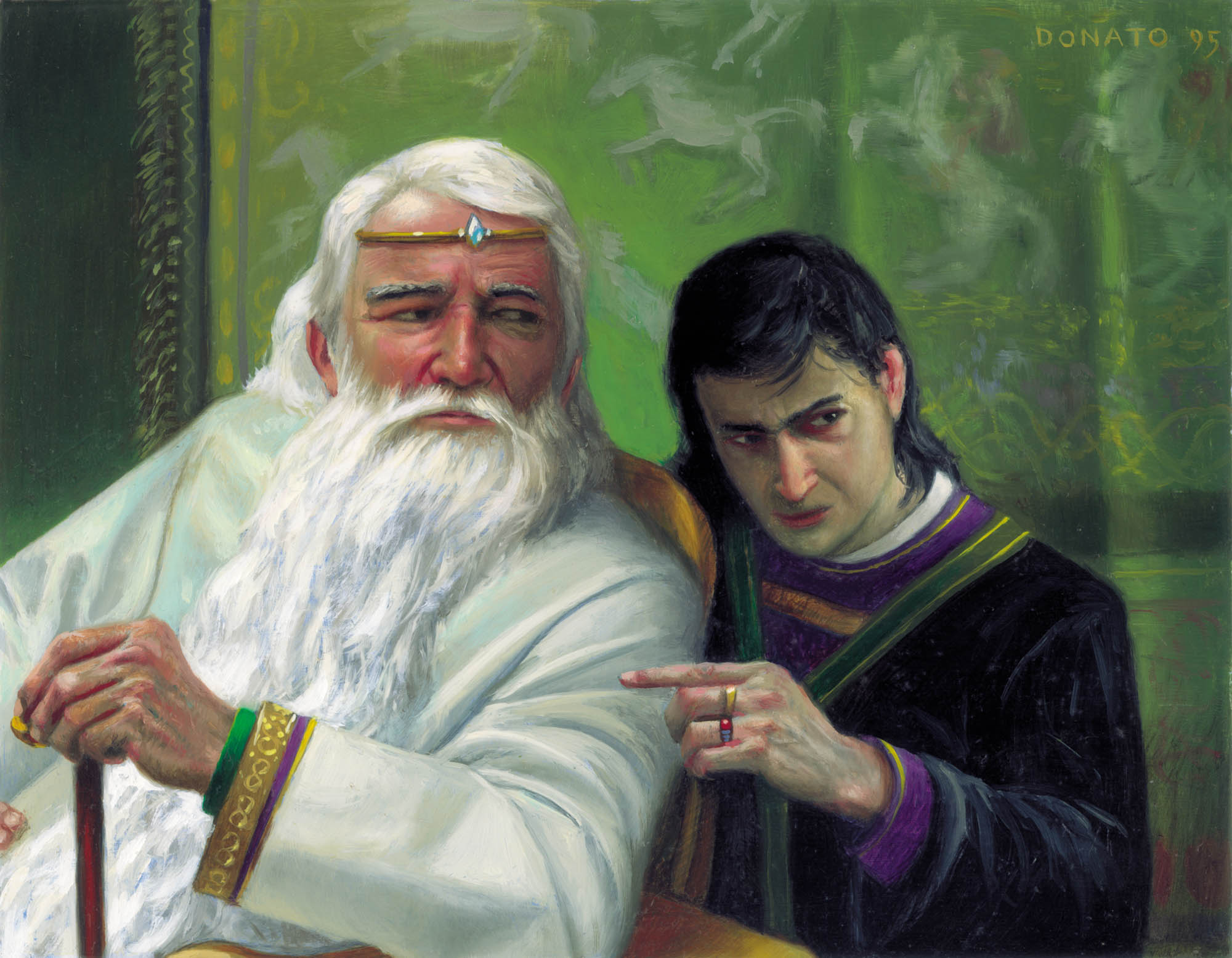 Persuasive Words
7 " x 9"  Oil on Panel  1995
trading card art for the Iron Crown Enterprises Middle-earth Card Game