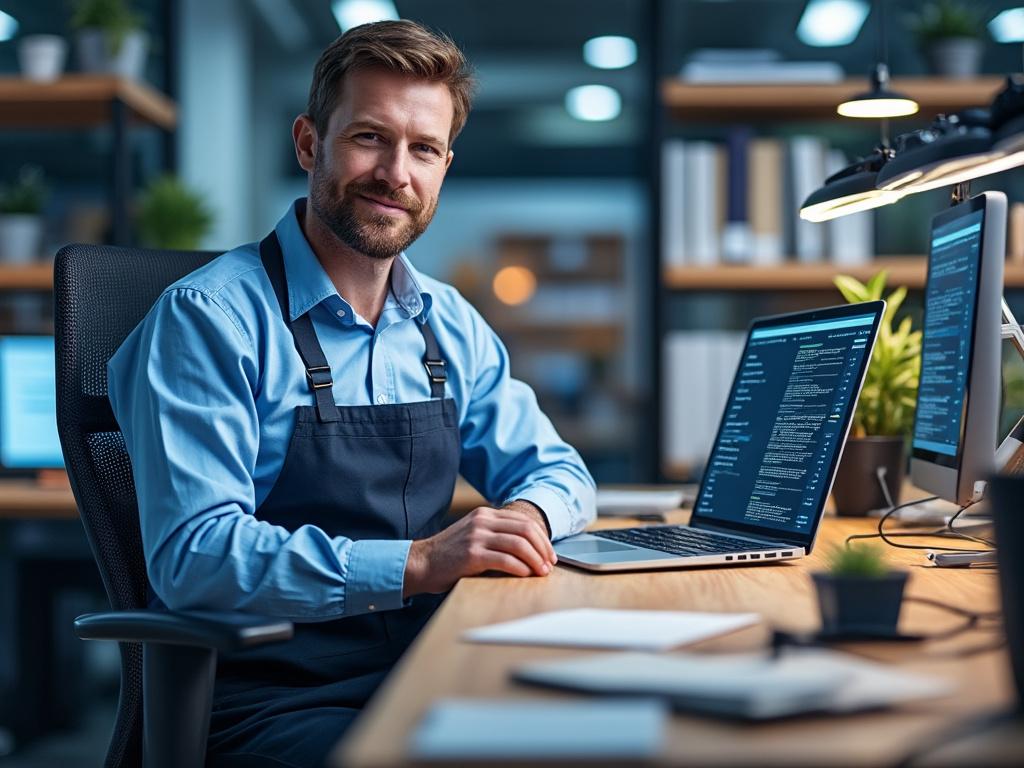 Hombre con delantal azul trabajando en una oficina moderna con tres pantallas de ordenador y plantas verdes decorativas.