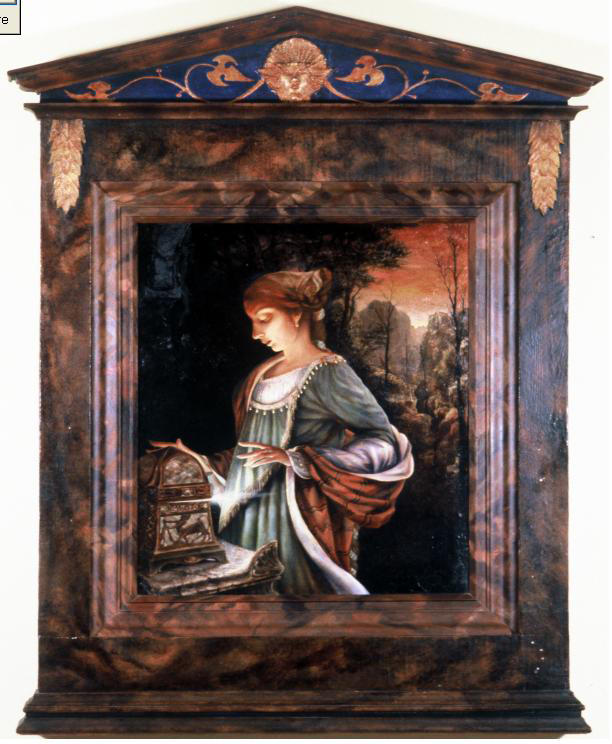 Title: Pandora. 
Medium: Oil painting. 
Frame by the artist.
Circa 1982
Approx. 5.5' x 4'.
Artist: William Girard
Collection of Joe Jupena, Pennsylvania