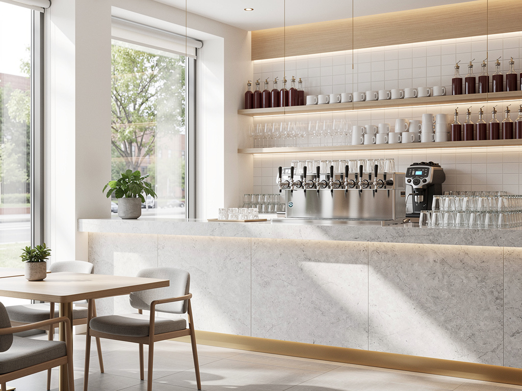 Cafetería moderna con barra de mármol, dispensadores de bebidas, estantes iluminados y mesas junto a grandes ventanales
