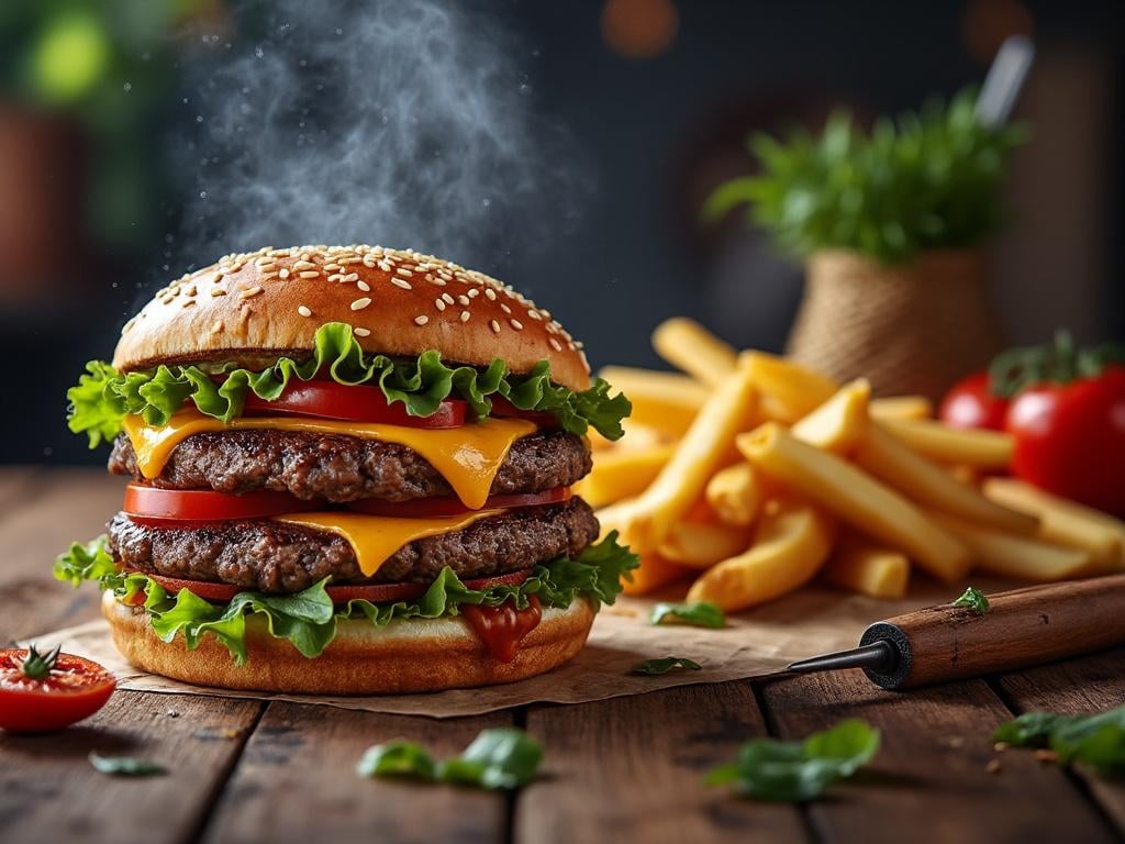 Hamburguesa doble con queso y papas fritas sobre una mesa de madera.