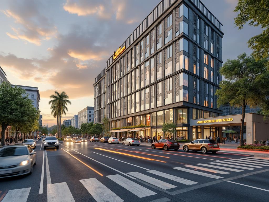 Edificio moderno en esquina de avenida concurrida durante el atardecer, con coches en movimiento y palmeras a los lados.