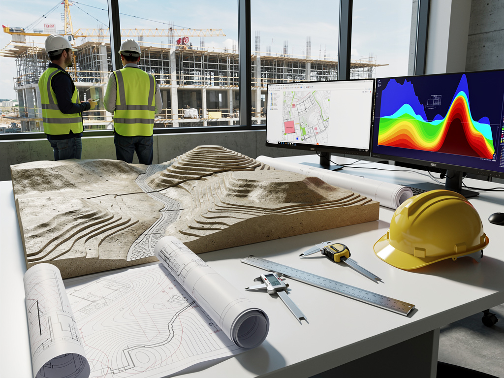 Ingenieros en oficina de obra revisando maqueta topográfica, planos y software de construcción con edificio en construcción al fondo
