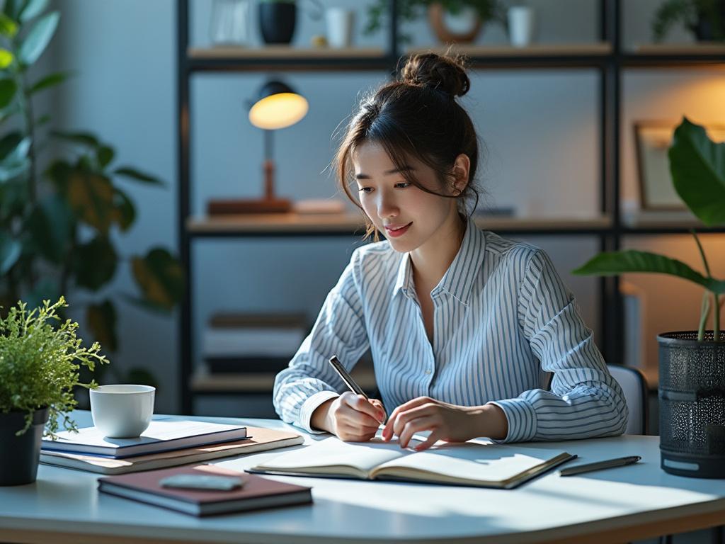 Mujer escribiendo en una mesa con plantas y libros, iluminada por una lámpara en una oficina moderna.