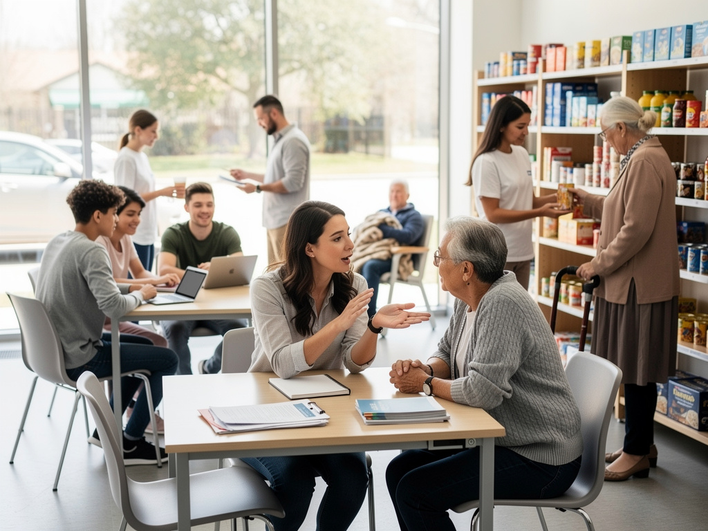 Volunteers assisting seniors in a bright community food pantry with shelves of groceries