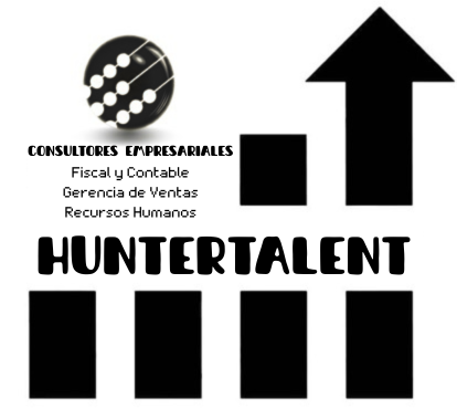 Logotipo de HUNTERTALENT con gráfico de barras y flecha hacia arriba, servicios de consultoría empresarial, fiscal, contable, ventas y recursos humanos.