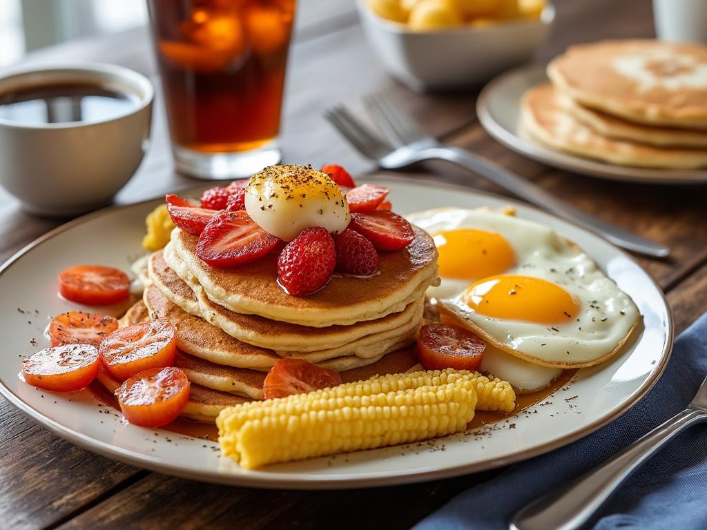 Breakfast plate with pancakes topped with strawberries and cream, two sunny-side-up eggs, grilled tomatoes, corn on the cob, coffee, and iced tea.