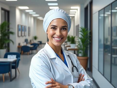 Smiling doctor in a white coat and headscarf standing in a modern medical office.