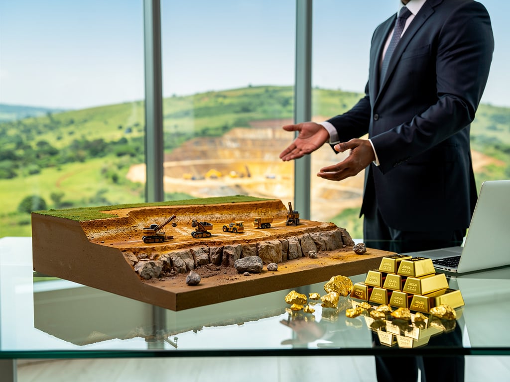 Businessman presenting gold mining site model with construction equipment and gold bars in office overlooking green hills