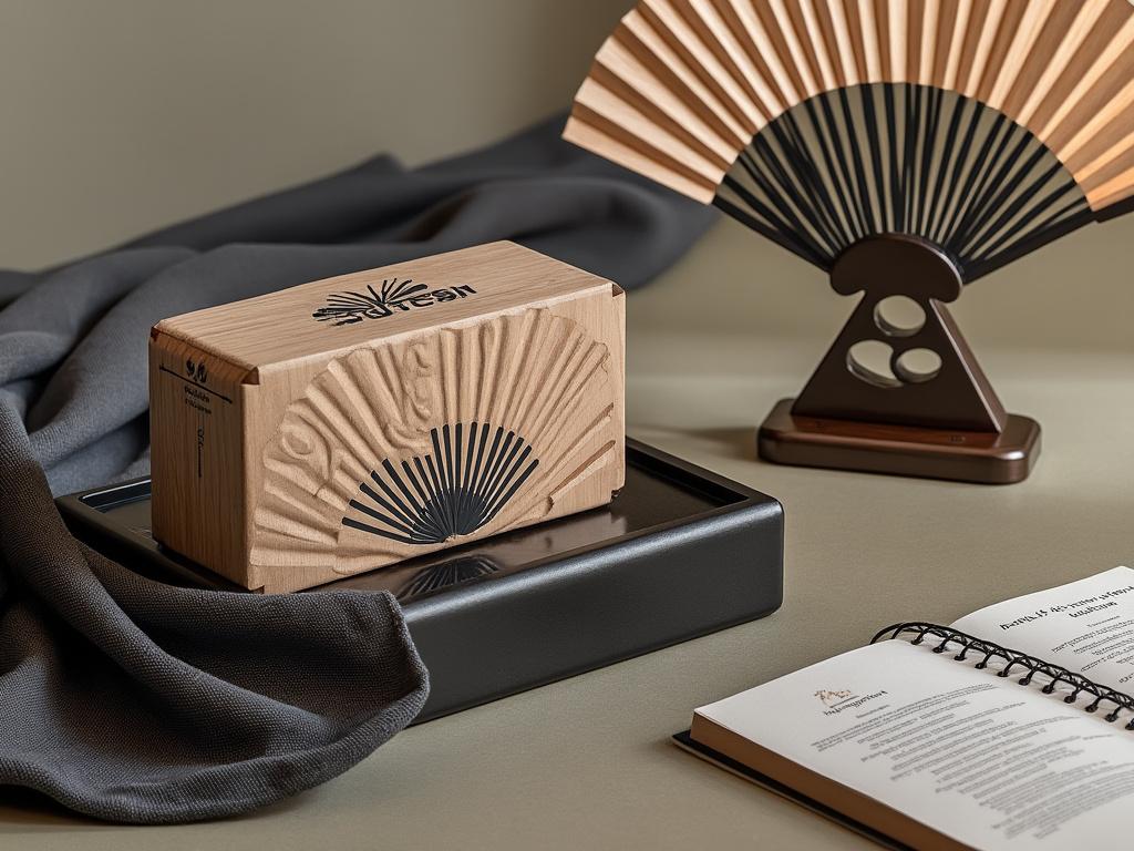 Cofre de madera decorado con diseño de abanico junto a un abanico desplegado y un libro abierto sobre una mesa.