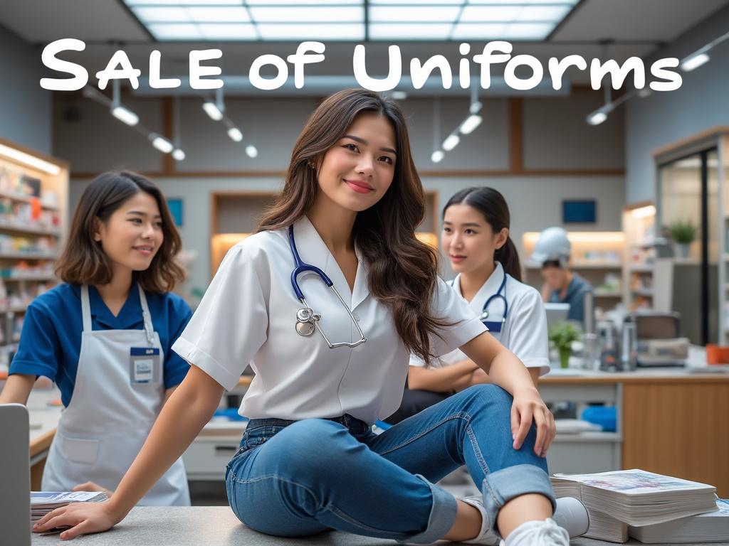 Venta de uniformes médicos con tres mujeres jóvenes en una tienda, con estetoscopios y sonrisas.
