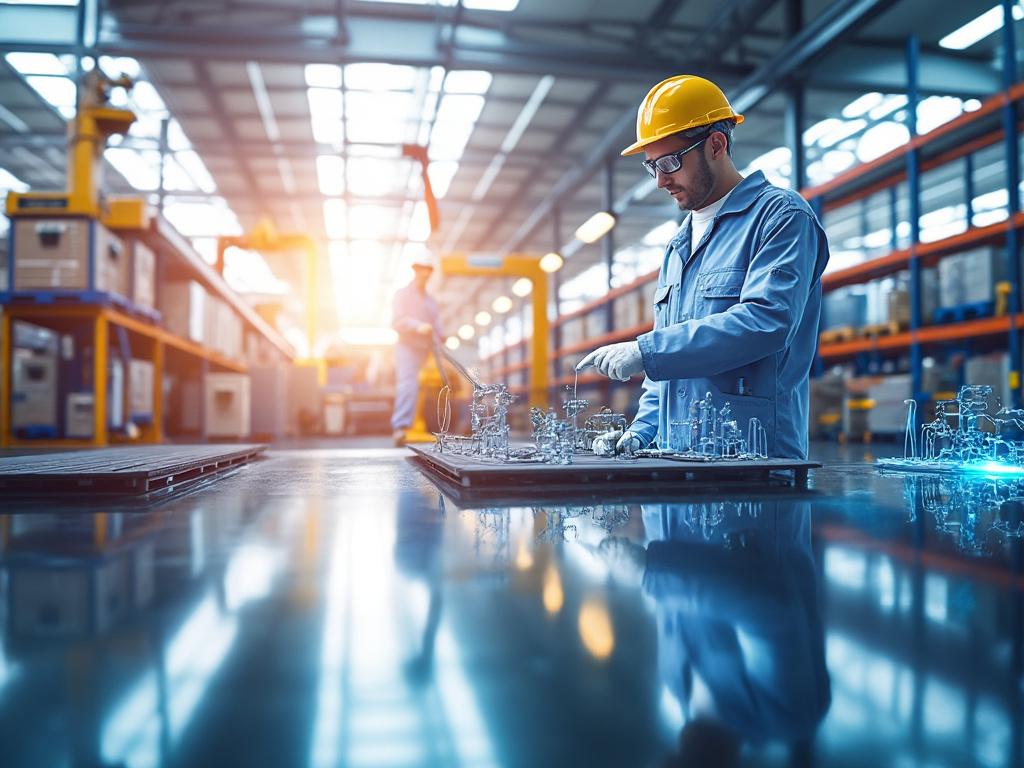 Ingeniero con casco amarillo trabajando en un modelo industrial dentro de una fábrica moderna, bajo iluminación brillante.