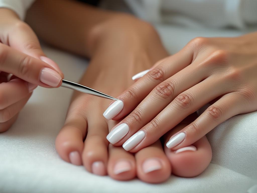 Manicura y pedicura con esmalte blanco brillante, manos y pies arreglados en un spa.
