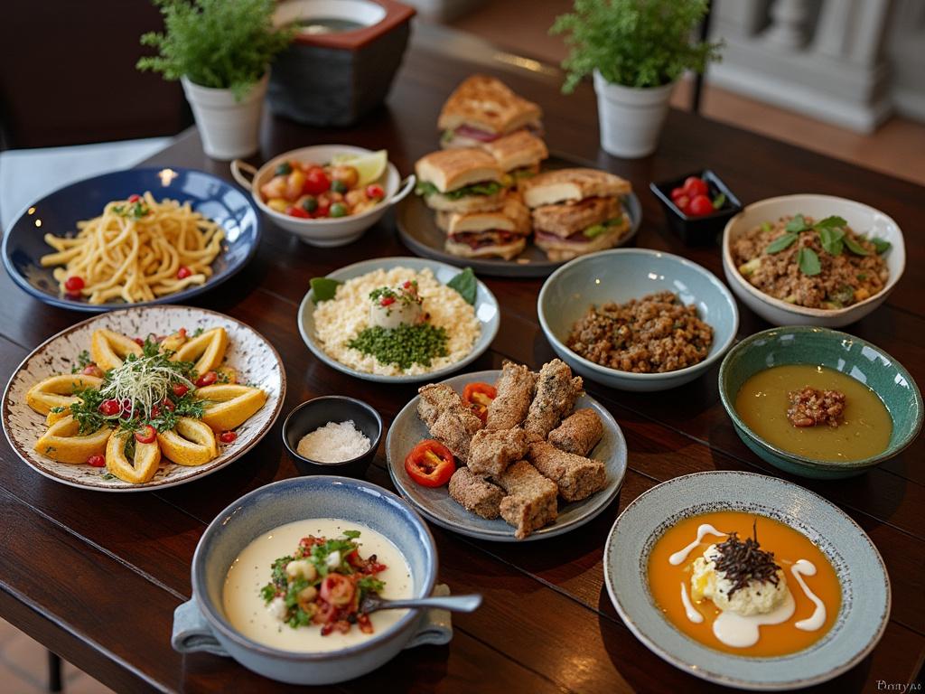 Variedad de platos de comida en una mesa, incluyendo pasta, sándwiches, ensaladas, sopas y aperitivos, con plantas decorativas de fondo. Variedad de platos de comida en una mesa, incluyendo pasta, sándwiches, ensaladas, sopas y aperitivos, con plantas decorativas de fondo.