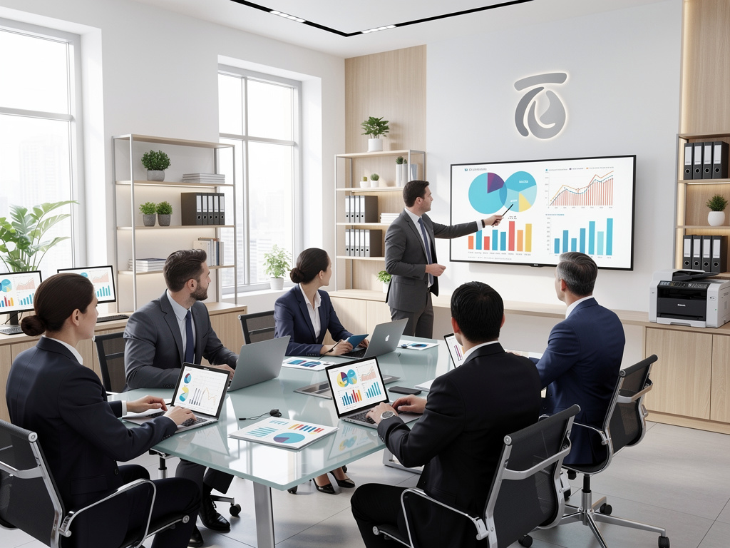 Business team in modern conference room reviewing sales analytics charts on large display during corporate presentation