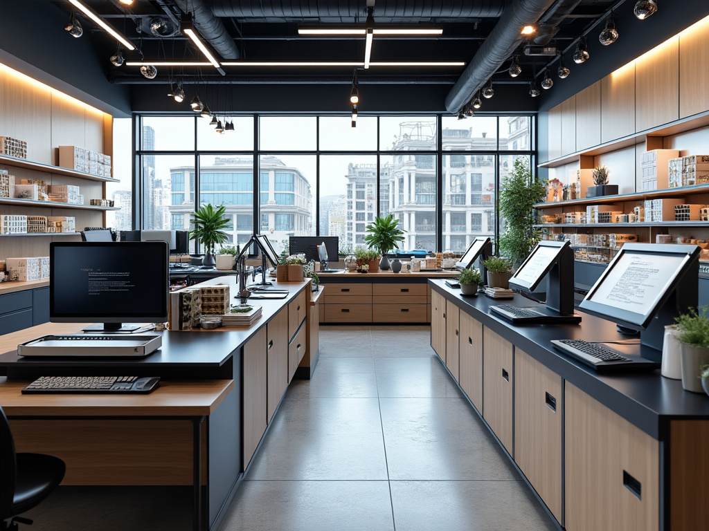 Oficina moderna de diseño con computadoras, maquetas arquitectónicas, estanterías, plantas y ventanales con vista urbana